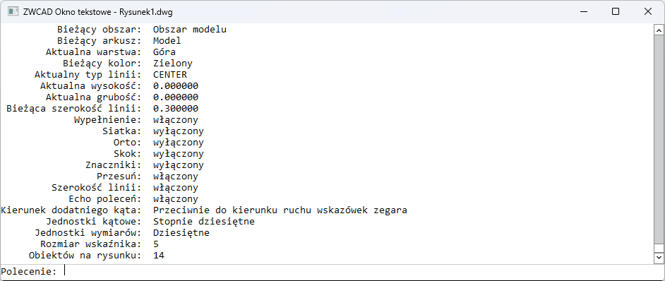 Okno stanu rysunku w programie ZWCAD