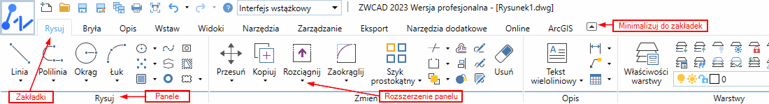 Wstążka z zaznaczonymi funkcjami programu ZWCAD