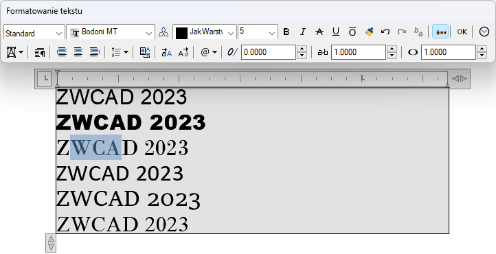 Okno tekstu wieloliniowego w programie ZWCAD