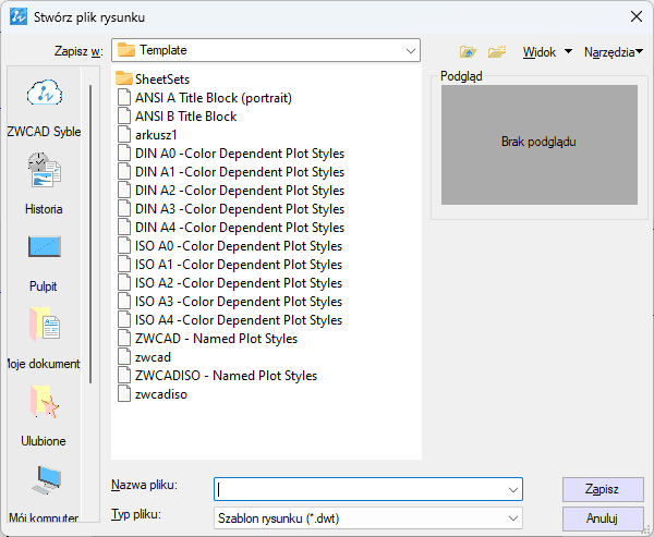 Okno zapisywania szablonu arkusza w naszym programie CAD
