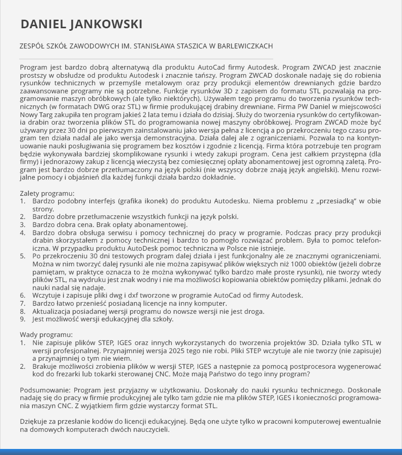 Opinia o zwcad - ZSZ w Barlewiczkach