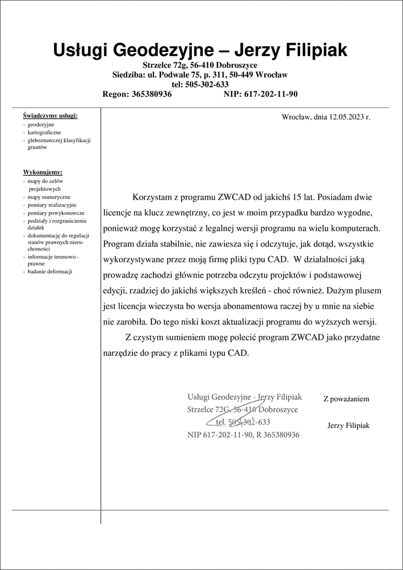 Opinia o zwcad - Usługi Geodezyjne Jerzy Filipiak