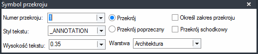 symbol przekroju okno dialogowe