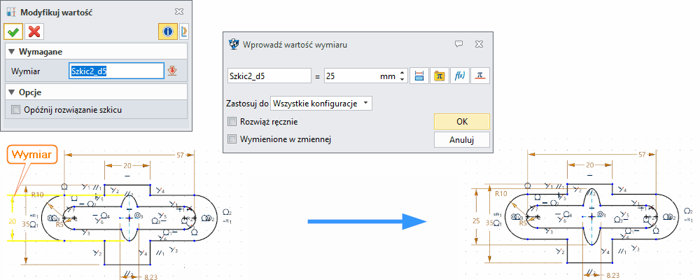 Szkic ZW3D Modyfikuj wartość Panel