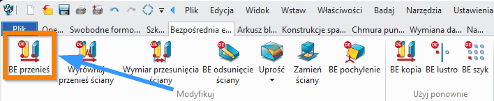 Bezpośrednia edycja BE przenieś wstążka ZW3D
