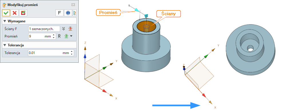 Bezpośrednia edycja Modyfikuj promień ZW3D Panel