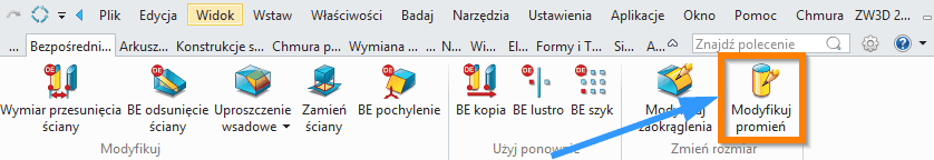 Bezposrednia edycja Modyfikuj promien wstazka