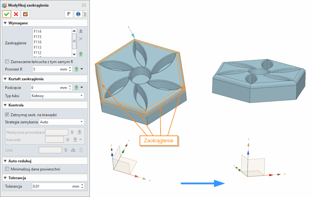 Bezpośrednia edycja Modyfikuj zaokrąglenia Panel ZW3D