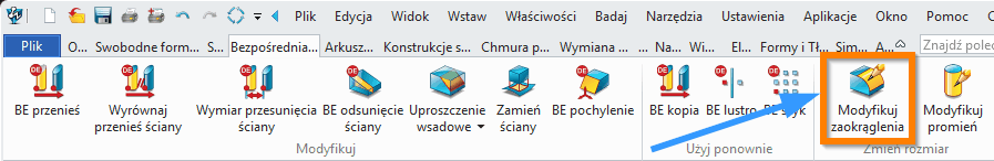 Bezpośrednia edycja Modyfikuj zaokrąglenia wstążka ZW3D