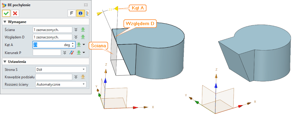 Bezpośrednia edycja Pochylenie Panel ZW3D