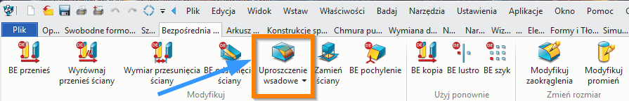 Bezpośrednia edycja Uproszczenie wsadowe wstążka ZW3D