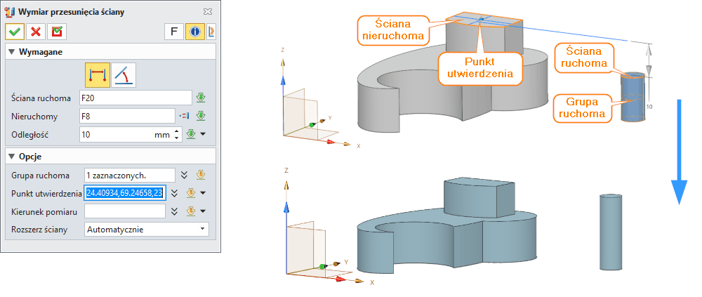 Bezpośrednia edycja Wymiar przesunięcia ściany ZW3D Panel