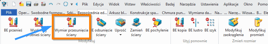 Bezpośrednia edycja Wymiar przesunięcia ściany wstążka
