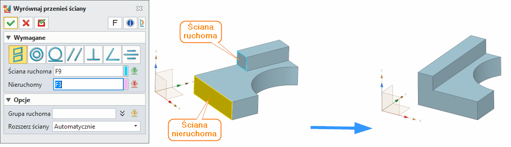 Bezpośrednia edycja Wyrównaj przenieś ściany ZW3D Panel