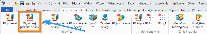 Bezpośrednia edycja Wyrównaj przenieś ściany wstążka ZW3D