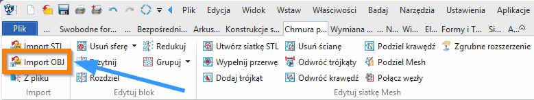 Chmura punktów Import OBJ wstążka