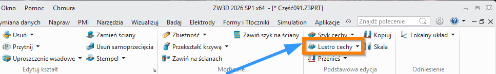 Operacje Lustro cechy ZW3D wstążka