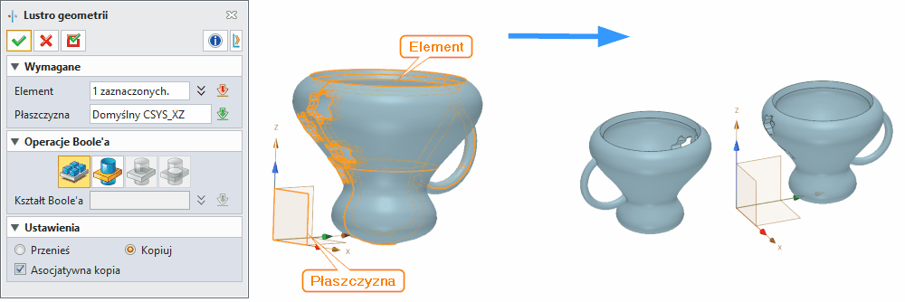 Operacje Lustro geometrii ZW3D Panel