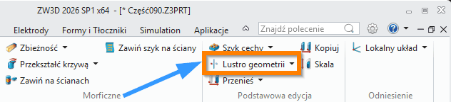 Operacje Lustro geometrii ZW3D wstążka