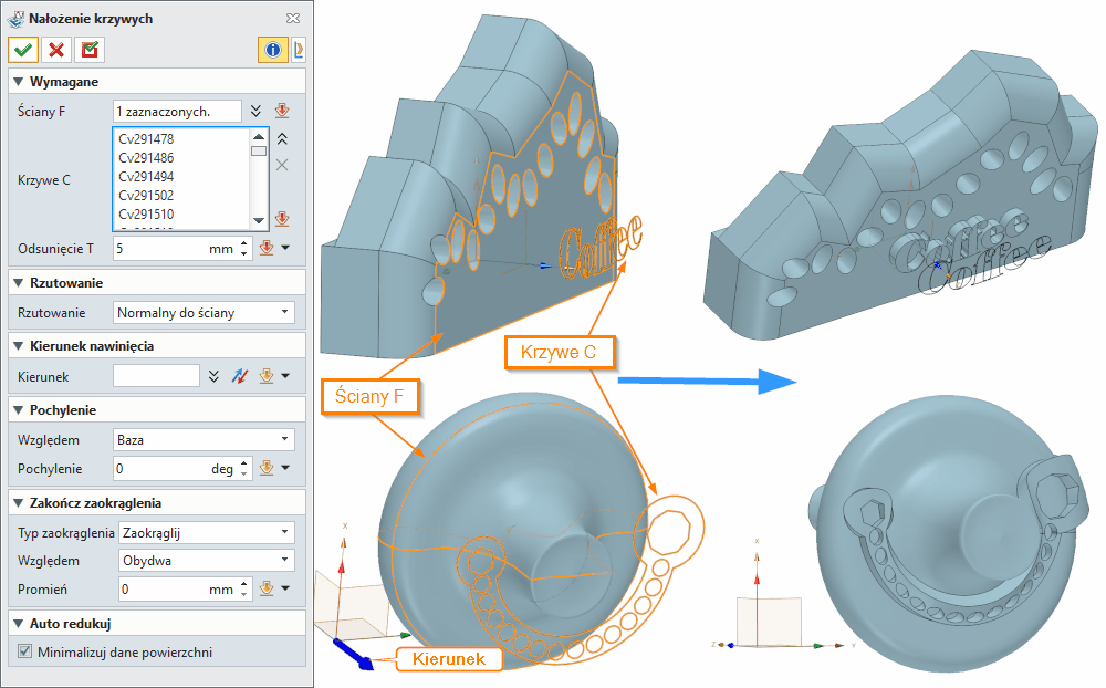 Operacje Nalożenie krzywych Panel ZW3D