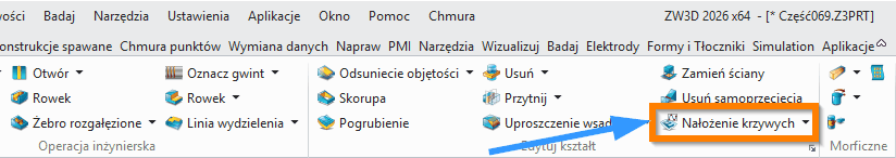 Operacje ZW3D Nałożenie krzywych wstążka