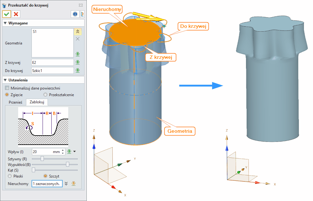 Operacje Przekształć do krzywej ZW3D Panel
