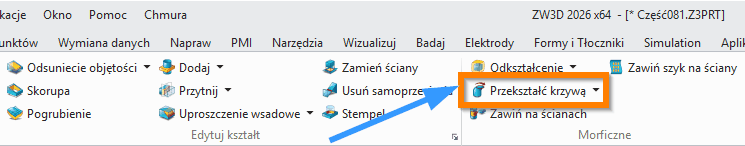 Operacje Przekształć krzywą wstążka ZW3D