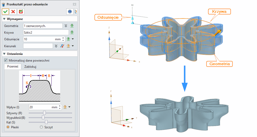 Operacje Przekształć przez odsunięcie ZW3D Panel