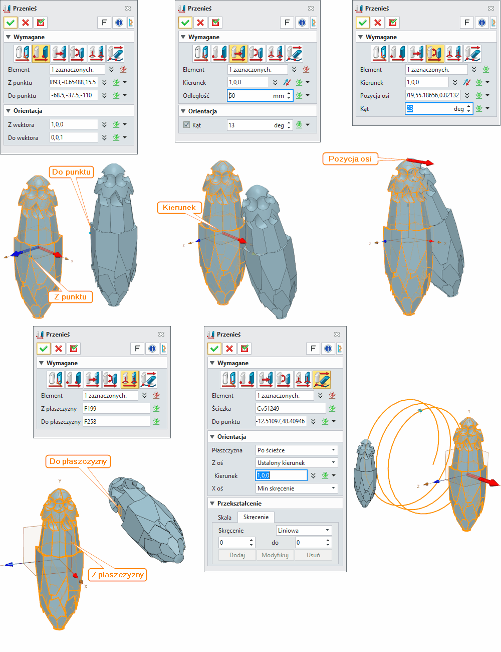 Operacje Przenieś ZW3D Panel opcje