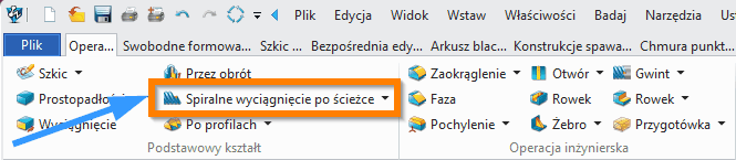 Operacje ZW3D Spiralne wyciągnięcie po ścieżce wstążka