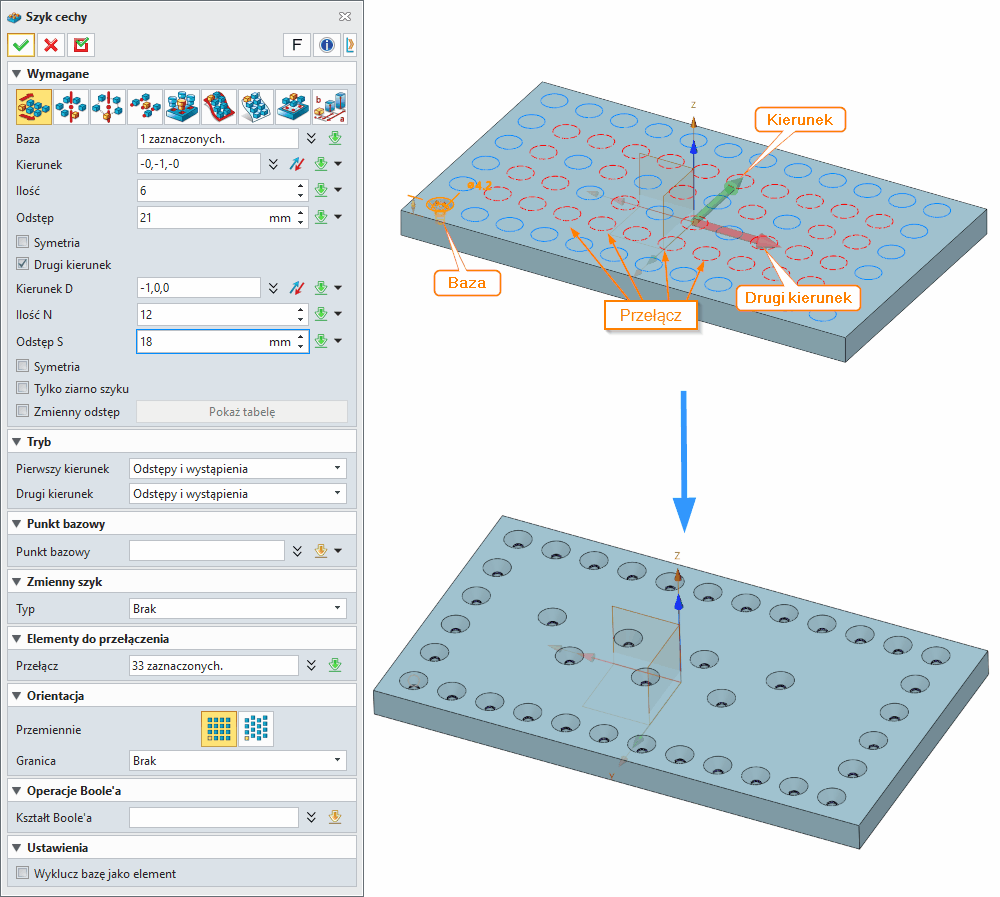 Operacje Szyk cechy ZW3D Panel