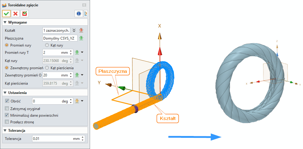 Operacje Toroidalne zgięcie ZW3D Panel opcje