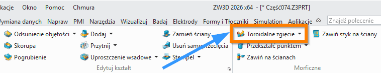 Operacje Toroidalne ZW3D zgięcie wstążka
