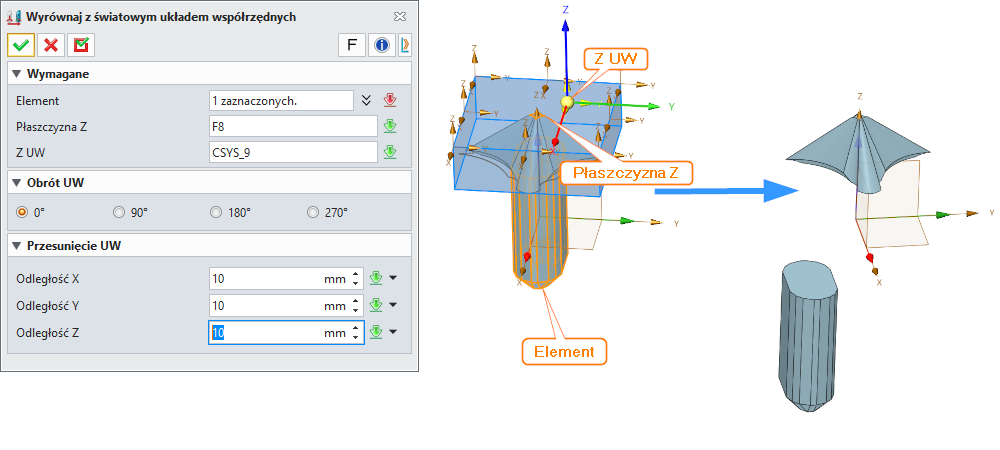 Operacje Wyrównaj ze światowym układem współrzędnych Panel ZW3D