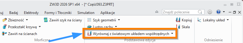 Operacje Wyrównaj ze światowym układem współrzędnych wstążka ZW3D