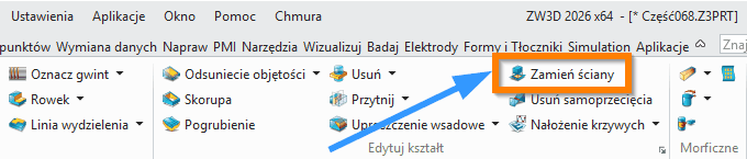 Operacje Zamień ściany wstążka ZW3D