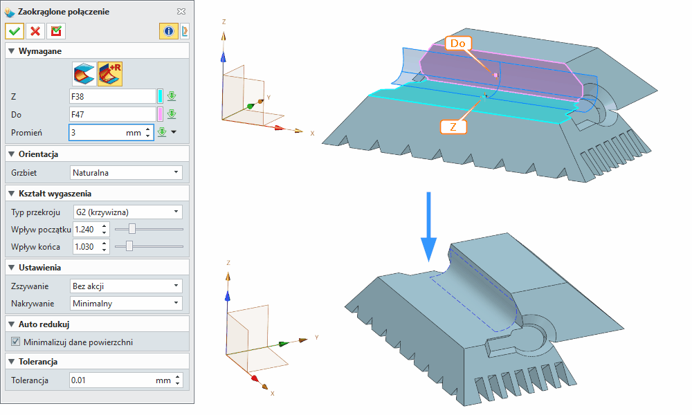 Operacje Zaokrąglone połączenie ZW3D Panel