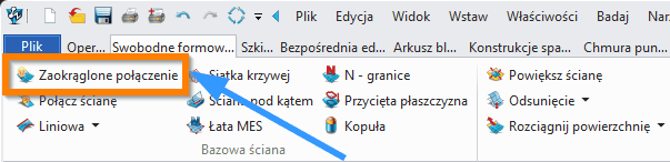 Operacje Zaokrąglone połączenie ZW3D wstążka