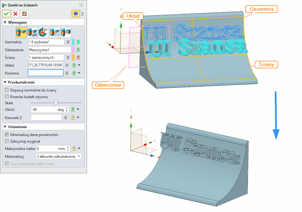 Operacje Zawiń na ścianach Panel ZW3D