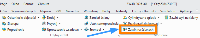 Operacje Zawiń na ścianach wstążka ZW3D