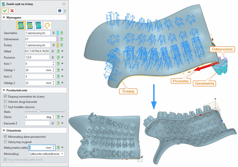 Operacje Zawiń szyk na ściany ZW3D Panel