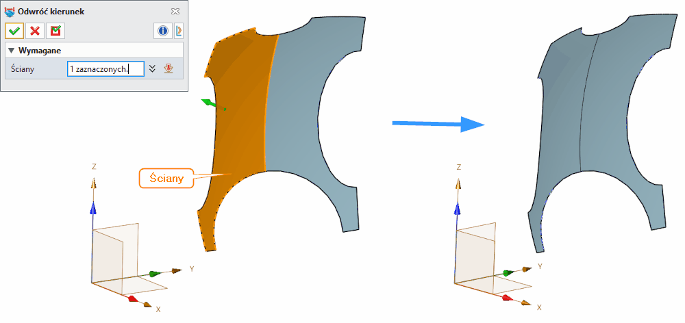 Swobodne formowanie Odwróć kierunek Panel ZW3D