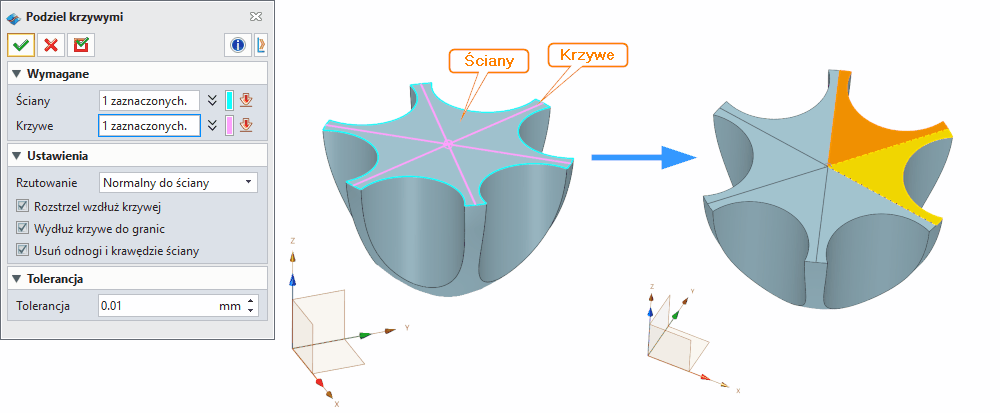Swobodne formowanie Podziel krzywymi Panel ZW3D