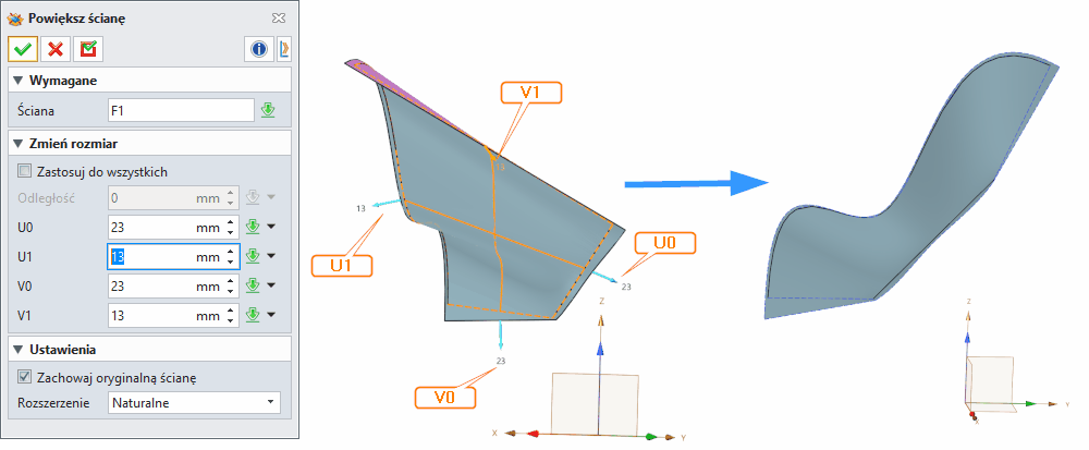 Swobodne formowanie Powiększ ścianę ZW3D Panel