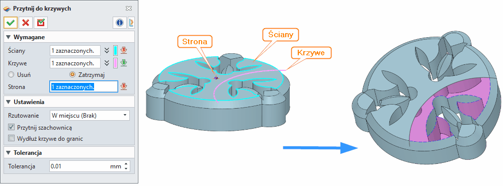 Swobodne formowanie Przytnij do krzywych ZW3D Panel