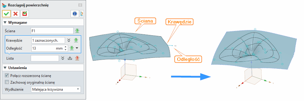 Swobodne formowanie Rozciągnij powierzchnie ZW3D Panel