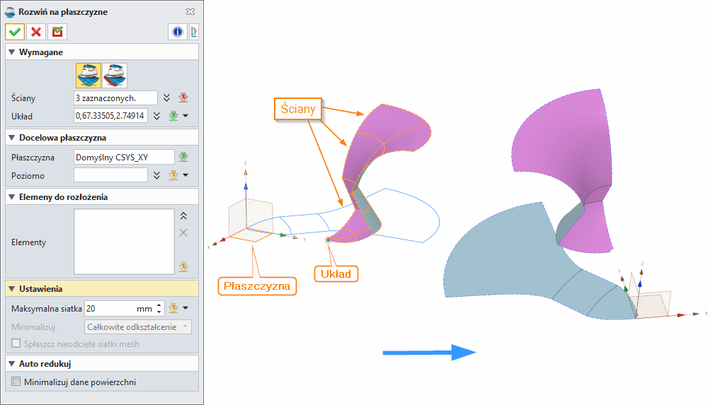 Swobodne formowanie Rozwiń na płaszczyznę Panel ZW3D