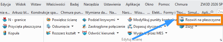 Swobodne formowanie Rozwiń na płaszczyznę wstążka ZW3D