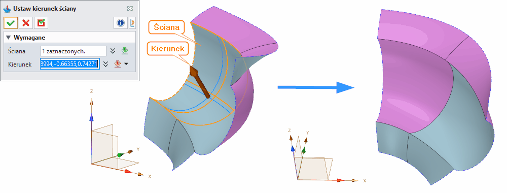 Swobodne formowanie Ustaw kierunek ściany ZW3D Panel