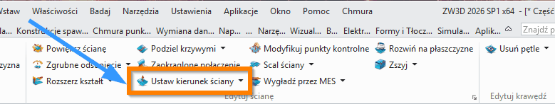 Swobodne formowanie Ustaw kierunek ściany wstążka ZW3D